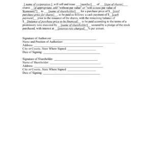 Issuance of Shares in Return for Cash Agreement