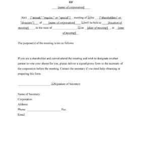 Notice of Meeting of Directors or Shareholders